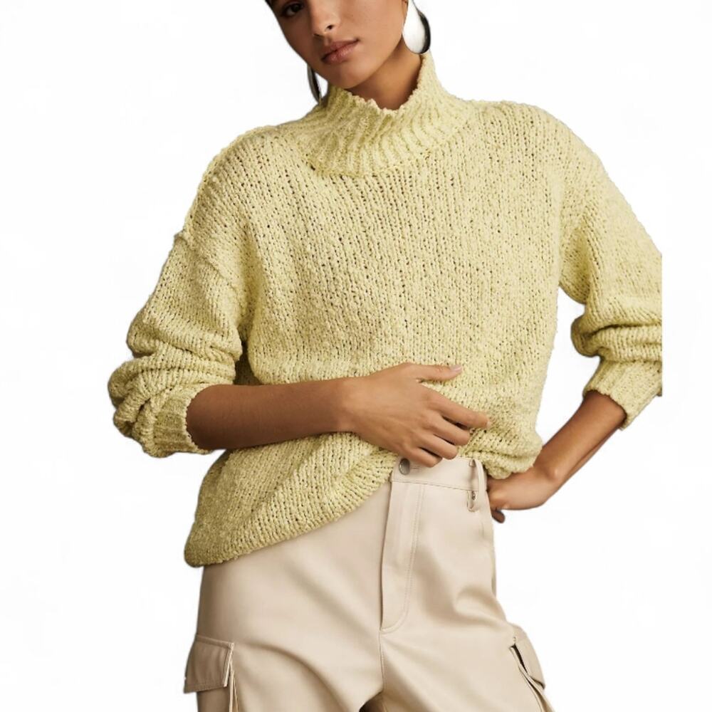 Anthropologie The Need-It Oversized Mock Neck Sweater Size Small Green Yellow